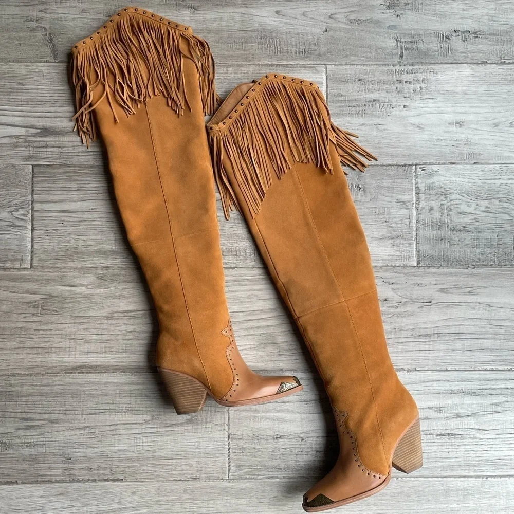 Spell Cognac Fringe Over-The-Knee Suede Boots